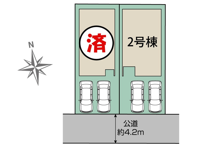 【同施工物件ご案内可能】大府市北山町3丁目　全2棟の区画図|全体区画数｜全2棟
◆駐車並列2台可能！(但し、車種による)
◎まずは、お気軽にお問い合わせください。現地を案内しながら周辺環境も見て頂けます。　　　　　　　　　　　　　　　　　　　　　　　　　　　　