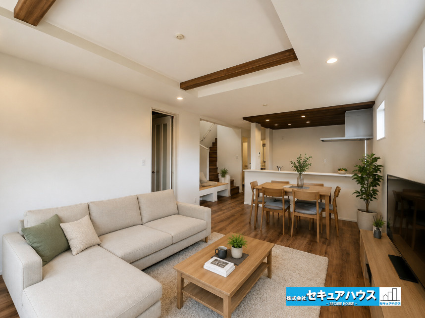 【本日ご案内可能】大府市北山町3丁目　全2棟の居間・リビング|【LDKに家具を配置したイメージ図】
◆広々19.5帖のためダイニングテーブルや大きなソファを配置することが出来ます。
◆シンプルなデザインのリビングのため好きなテイストの家具を選ぶことができます。　