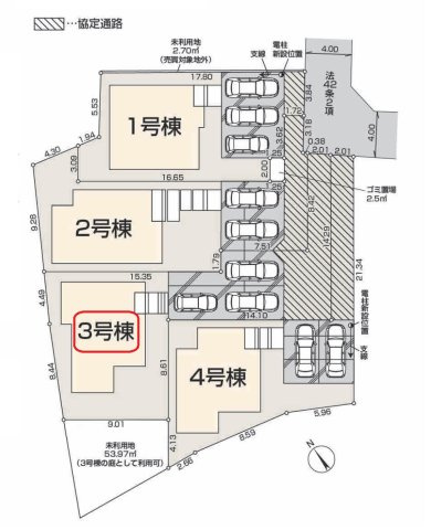 狭山市笹井・全4棟　新築一戸建　3号棟の区画図|【全4棟・3号棟】カースペース3台。