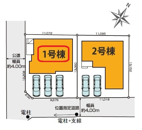 所沢市狭山ケ丘2丁目・全2棟　新築一戸建　1号棟　の区画図|【全2棟・1号棟】開放感ある南西角地・土地面積147.91平米（約44.74坪）