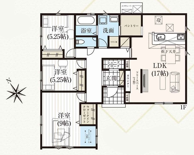 【新築戸建】　いわき市仁井田町　全3棟　【長期優良住宅】の間取り|1号棟の間取り図です。ご参照ください。