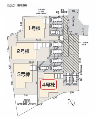狭山市笹井・全4棟　新築一戸建　4号棟の区画図|【全4棟・4号棟】カースペース並列2台。