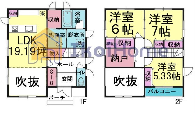 明石市二見町福里　中古戸建の間取り|開放感のある吹抜けがございます！約１９帖の広々リビング！各部屋収納・納戸・ＳＩＣなど収納豊富です！