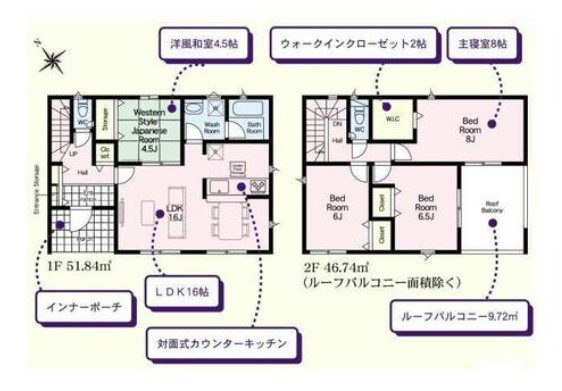 新築　桐生市相生町第19　2号棟　CRADLE GARDENの間取り|4LDK　建物約29坪　嬉しいインナーバルコニー！