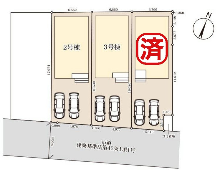 八潮市緑町3丁目　新築戸建　全2棟　2号棟の区画図|家族の車＋来客用にも便利な並列2台駐車可能