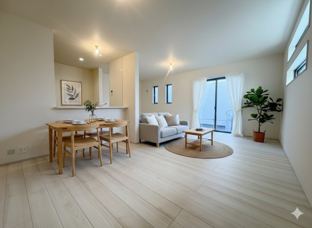 八潮市緑町3丁目　新築戸建　全2棟　3号棟の居間・リビング|同施工会社の参考写真にCGによる画像処理を行っています。家具、小物、カーテン等はイメージはCGです。