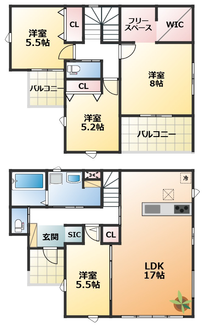 リガーレ下野市緑1期の間取り|全室南向きで陽当たりの良い間取りです