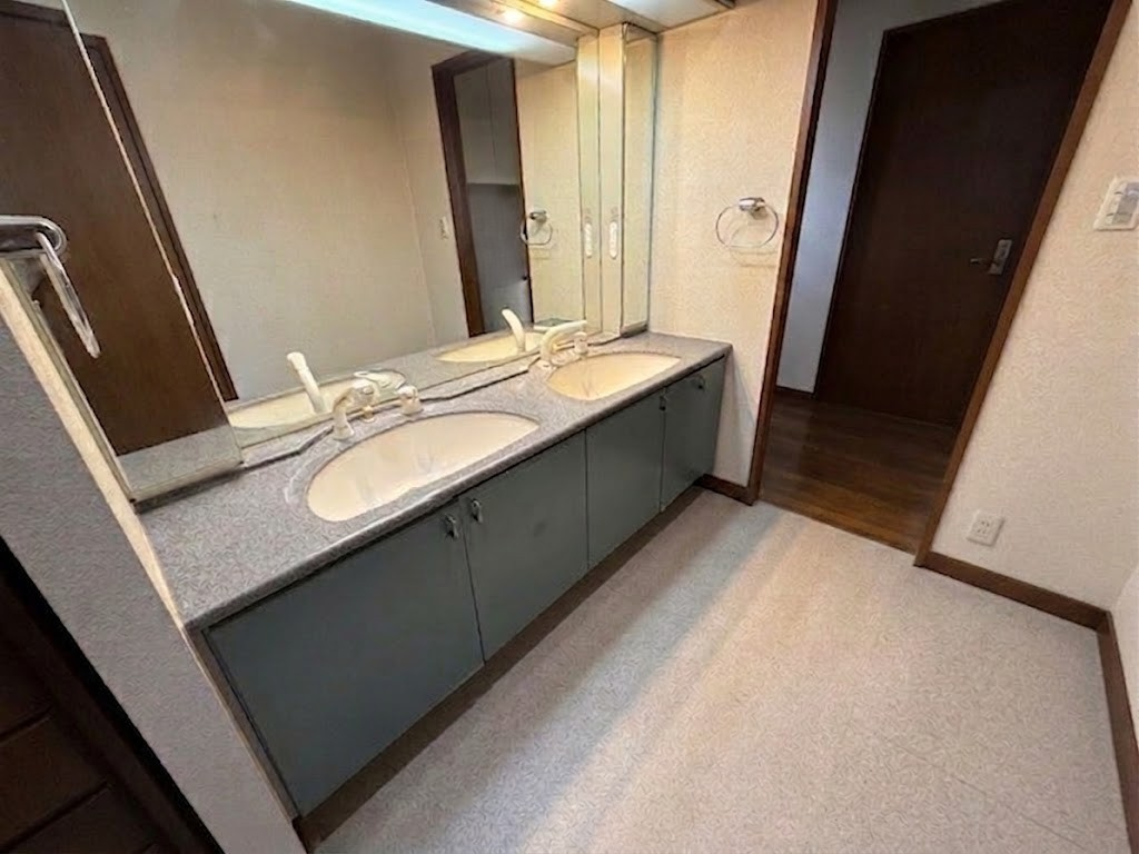 奈良市古市町　中古戸建の洗面所|朝の混雑を解消するダブルボウル（2槽タイプ）の洗面台。

AIによる動産物撤去加工をしています。