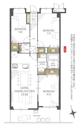 ダイアパレス武里ウィステリアガーデンの間取り|各居室にクローゼット付きで、荷物が増えても安心ですね。
専有面積68.04㎡のLDK：13.6帖、各居室5.0帖以上でゆとりのあるお部屋です。
プライバシー確保しながらも家族団らんを過ごせるような物件
