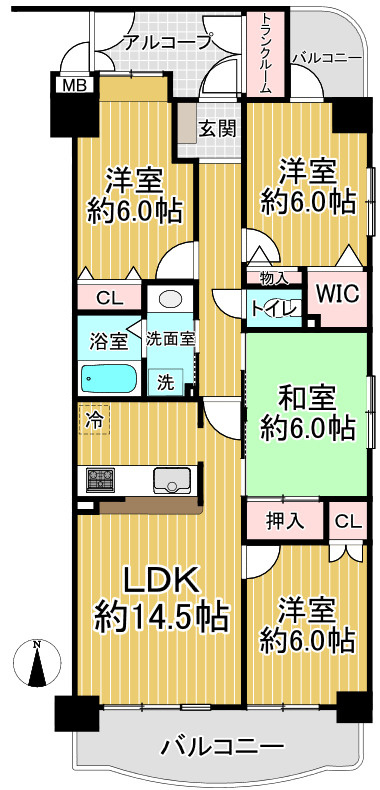 シャトレ愛松稲沢Ⅴの間取り|4LDK+トランクルーム、専有面積83.29m2、バルコニー面積12.04m2


