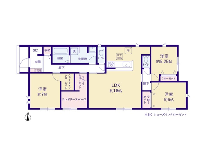 新築　太田市鳥山上町　3号棟の間取り|3LDK　建物約29坪　平屋住宅♪ランドリースペース、ファミリークローク付き！ウォークインクローゼットやシューズクロークなど、収納豊富♪