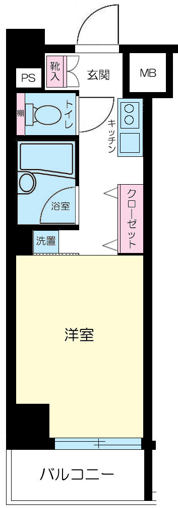 サンテミリオン大森の間取り|南向きバルコニーの1K洋室7帖バストイレ別