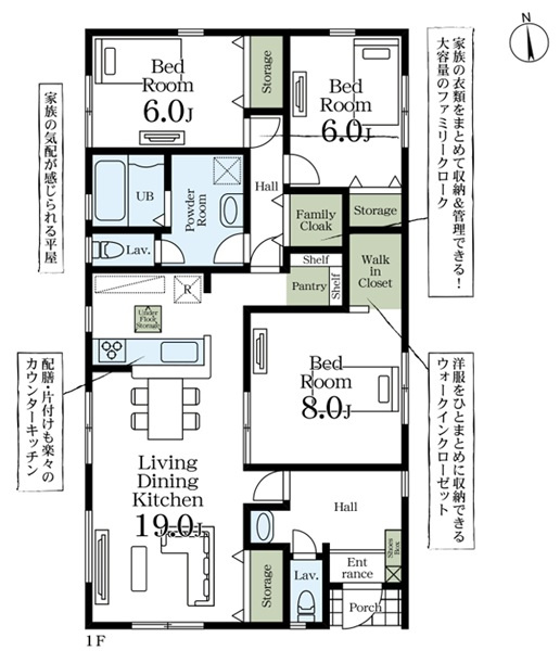 【Livele Garden】　古河市下辺見　第８　全4邸の間取り|〇3LDK〇
広々19帖！
ファミリークローク付き平屋プラン♪