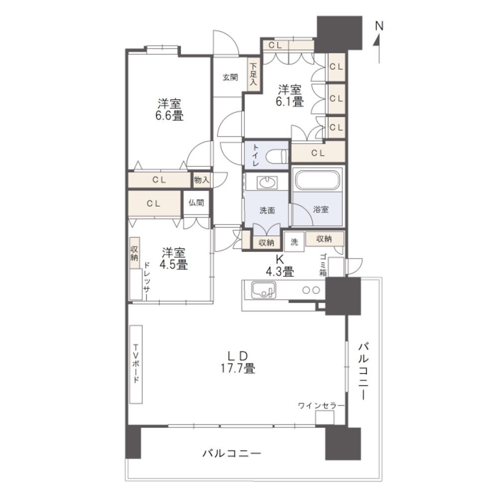 ポレスター岡山タワーレジデンスの間取り|専有面積：84.34㎡の3LDK、二面バルコニーで日当り良好です。洋室6.1帖には収納スペースを造作しています。室内保守状況は大変良好な物件です。