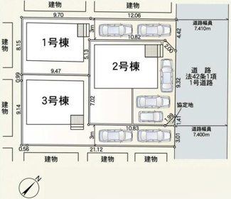 【区画図】 | 寒川町大曲3丁目  2号棟 第21 | 2号棟　北東側約7.4ｍ公道　駐車並列2台+1台（車種によります）　敷地面積44.4坪　※協定地有