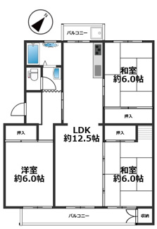 【間取り】 | 須磨一ノ谷グリーンハイツH棟 | 3LDK、専有面積70.14㎡、バルコニー面積10.74㎡ 