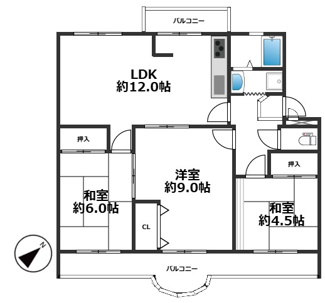 【間取り】 | 落合1団地116号棟 | 3LDK、専有面積72㎡、バルコニー面積12.4㎡