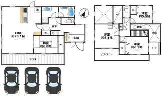【間取り】 | 北区花山中尾台　戸建 | 4LDK+2S（納戸）、土地面積217.01㎡、建物面積113.05㎡♪並列駐車4台可♪