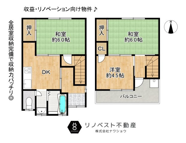 東大阪市新池島町1丁目の間取り|和室を含む3DK！
南側公道に面しており、1階部分陽当たり良好◎