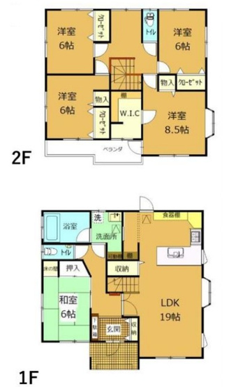 【間取り】 | 前橋市富田町　中古住宅 | LDK19帖とゆとりのある和室6帖を配置し、2階にはWICや各室収納が充実。各階トイレ付きで、大家族でも快適に暮らせる機能的な間取りです。