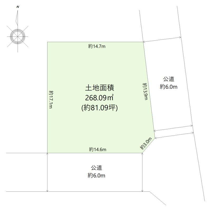 稲沢市高御堂一丁目土地の土地図|土地面積268.09㎡(約81.09坪)　南東角地　確定測量済　現況更地