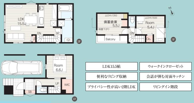 【横浜市神奈川区菅田町236-53全2棟新築戸建て】★仲介手数料無料★（菅田の丘小学校・菅田中学校）の間取り|約15.5帖の2階LDKを備えた2LDK＋S。リビングイン階段と対面式キッチンを採用し、WICやリビング収納など収納スペースも充実しています。