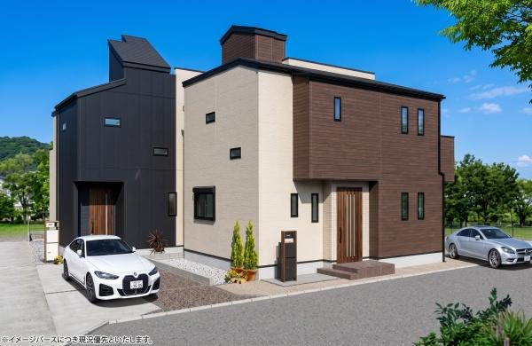 横浜市磯子区栗木１丁目の新築一戸建の完成予想図|外観のイメージパースです。
お洒落な外観で完成が楽しみです。