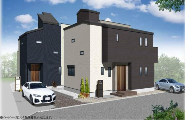 横浜市磯子区栗木１丁目の新築一戸建の完成予想図|外観のイメージパースです。
お洒落な外観で完成が楽しみです。