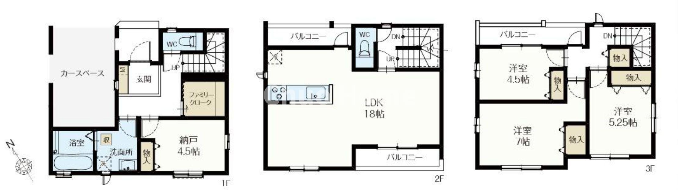 荒川区町屋8丁目新築分譲住宅の間取り|【B号棟間取り】3LDK＋納戸＋ファミリークローク＋カースペース
