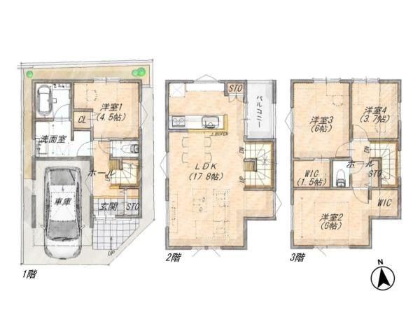 川崎市宮前区犬蔵３丁目の売地のその他|（建物参考プラン・間取図）木造3階建、建物面積100平米、建物価格2000万円（税込）