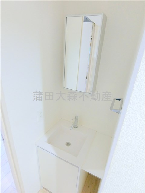 レジデンス平和島の洗面所|鏡裏収納の独立洗面台