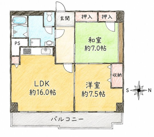 東急ドエル摩耶の間取り|約16帖のLDKに使いやすい2LDKの間取りです！
横の洋室をLDK一体として使うと23.5帖に！