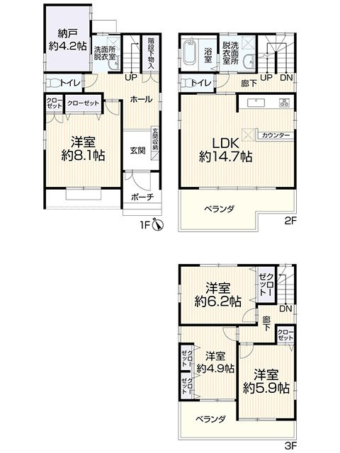 名古屋市中川区愛知町　4SLDK　3階建　リフォーム済みの間取り