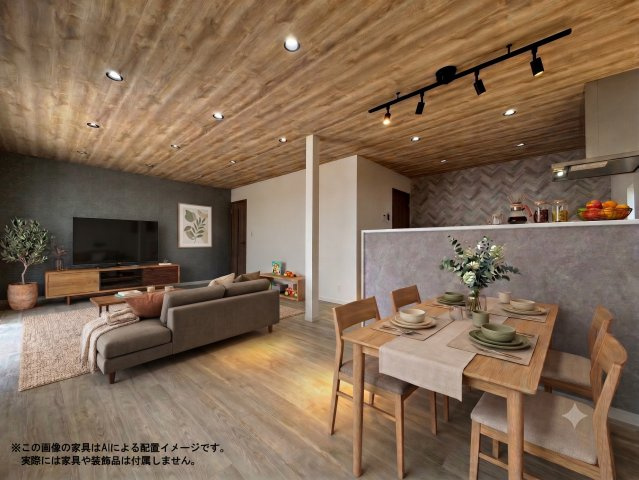 宇部市北迫新町の居間・リビング|この物件のリビングに家具を配置したAIによるイメージ画像です。実際には家具や装飾品は付属しません。