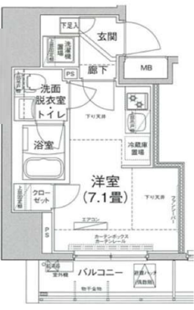 アイルカナーレ品川南の間取り|間取り　東向きバルコニーの1R洋室7.1帖バストイレ別独立洗面台！