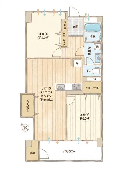 六会駅前高層住宅の間取り|リビングダイニングキッチンが約14.5帖と広々とした間取りです。洋室が2部屋ありそれぞれ収納スペースも備わっています。浴室や洗面所トイレが玄関から近く動線も良好です。