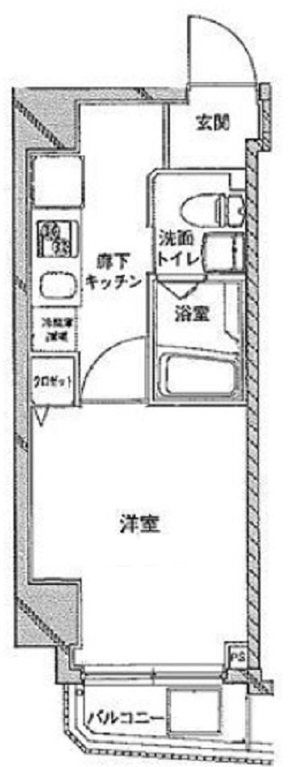 クレイシア西蒲田の間取り|北向きバルコニー角部屋の1Kバストイレ別独立洗面台
