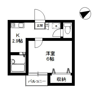 M-FLATSエムフラッツの間取り|東向きバルコニー洋室6帖の1Kバストイレ別