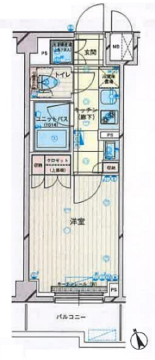 ルーブル仲六郷弐番館の間取り|収納豊富！南向きバルコニーの1Kバストイレ別廊下部分ですが独立洗面台！？