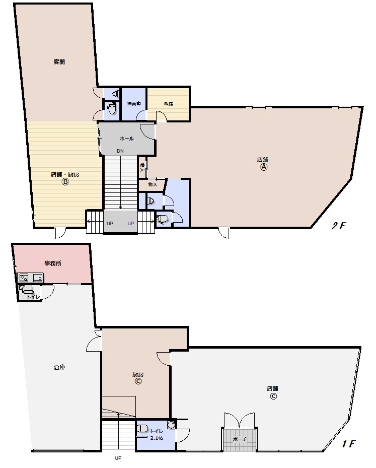 青木ビルの間取り|ⒶⒷ©の3部屋の1棟収益物件になります。1階の倉庫と事務所は現所有者が使用しており賃料等は発生していません。