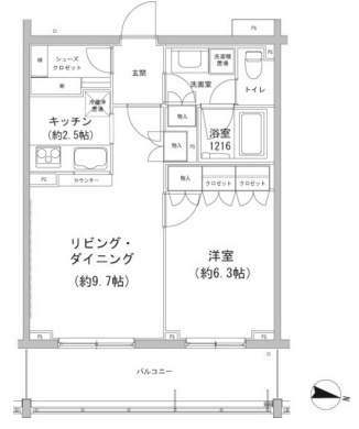 ヒューリックコート雪が谷の間取り|西向きバルコニー南西角部屋の1LDK