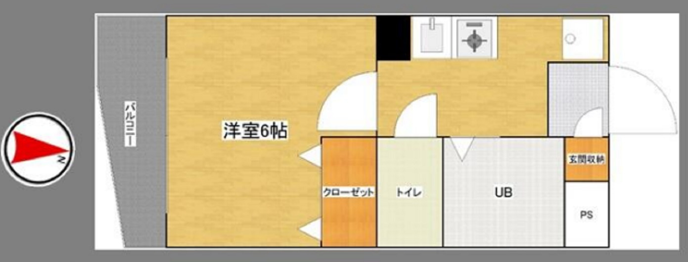 CrossRoadの間取り|南向きバルコニーの1K洋室6帖バストイレ別