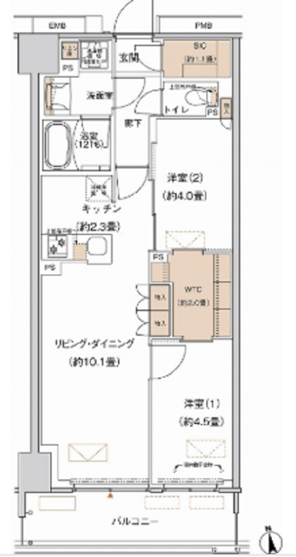 プライムネクサス大森北の間取り|南向きリビングカウンターキッチンウォークインクローゼット+シューズインクローゼット！
収納豊富な2LDK