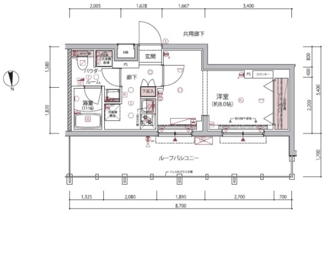 ARCOBALENO UMEYASHIKI アルコバレーノ梅屋敷の間取り|洋室8帖の1Kバストイレ別独立洗面台！
