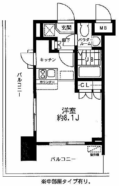 レジディア大森東の間取り|洋室8.1帖カウンターキッチンの1Rバストイレ別独立洗面台！