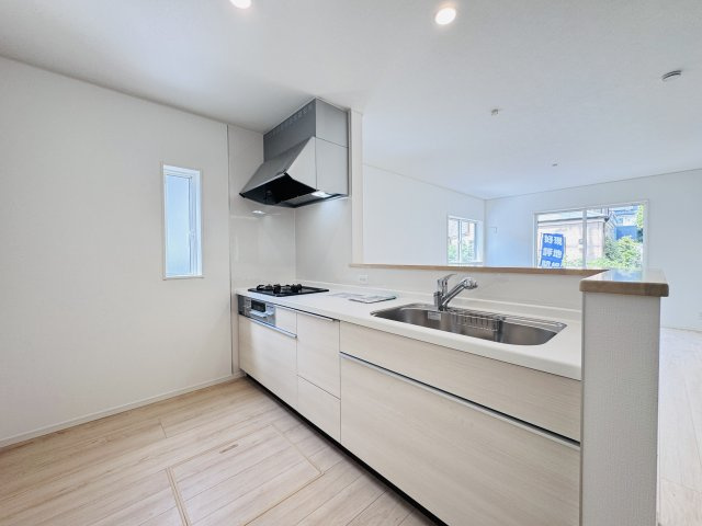 我孫子市中峠新築戸建（中峠第25）のキッチン|広々システムキッチン・シンクの水栓には浄水器がついてます！