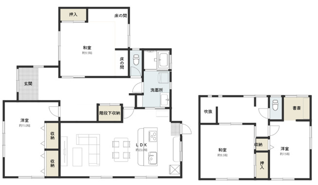 【間取り】 | 仲介手数料無料！常盤小学校に通えるリフォーム済み中古住宅　宇部市西岐波 | お客様のご意見を凝縮した使いやすい間取り