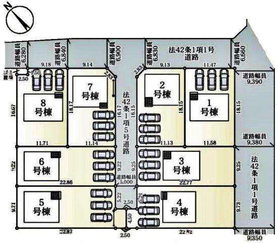 新築戸建・新築建売　矢吹町八幡町　善郷小・矢吹中の区画図|全8棟の圧迫感のない分譲住宅！各号棟駐車場3台！（車種による）