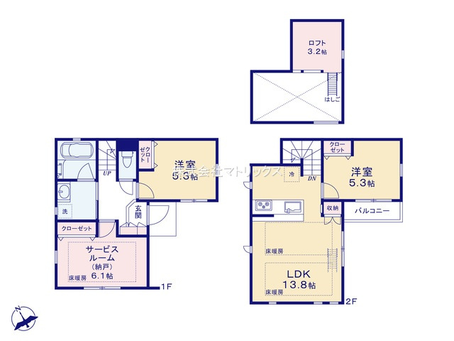 練馬区西大泉1丁目　高機能仕様　角地のような快適邸宅の間取り|2LDK+S+ロフト+カースペース　敷地面積 71.77ｍ2　建物面積 71.28ｍ2