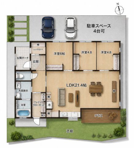 読谷村高志保（築浅RC平屋建て）の間取り|間仕切り出来る2（3）LDK＋並列駐車4台♪